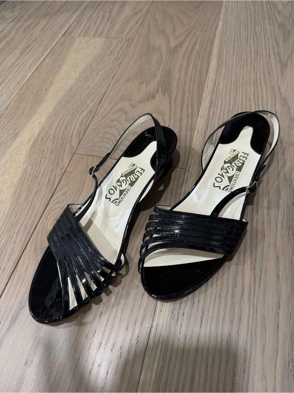 Salvatore Ferragamo Black Patent Strappy Slingback Sandals